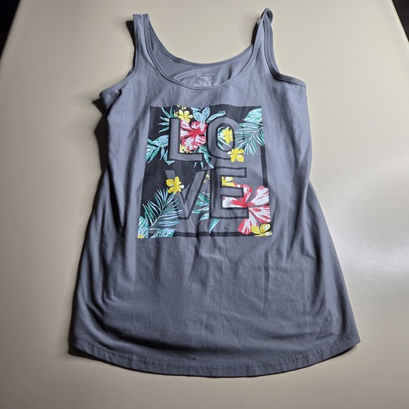 No Boundaries Tops - No Boundaries XL Love Graphic Tank Top Floral Tropical Grey Stretch Juniors...